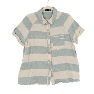 J ROBERTS Blue Beige Striped Linen Cotton Coconut Button Top SIZE MEDIUM